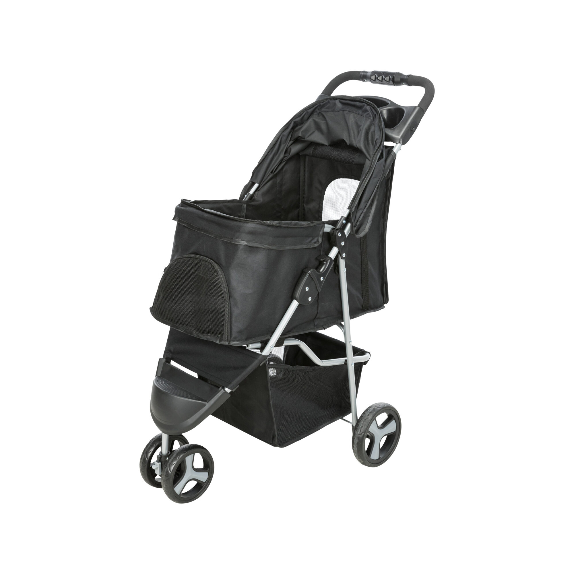 Hondenbuggy En Kattenbuggy Met Reflectoren, Inklapbaar Met Opbergmand Zonnescherm Netraampje Voor Kleine En Middelgrote Honden Oxford Grijs
