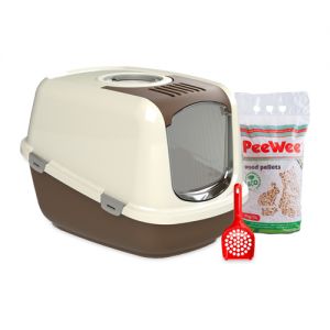 Afbeelding PeeWee EcoDome - Kattenbak - Startpakket Bruin/Roomwit door Medpets.nl